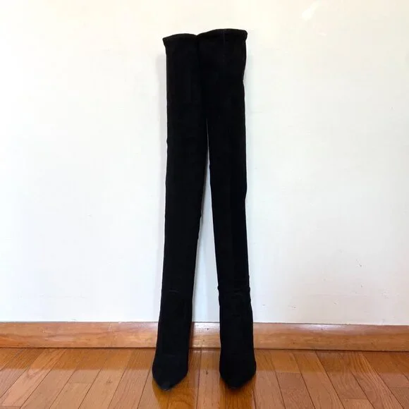 ZARA BLACK MICROSUEDE THIGH-HIGH BOOTS STILETTO HEELS 39 8 US - Picture 5 of 6